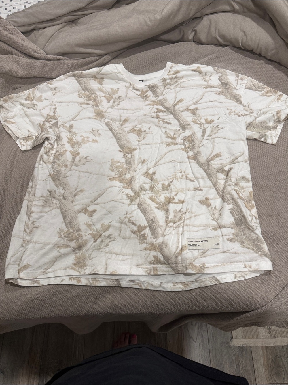 Comfort Brand White Tee with Beige Botanical Print